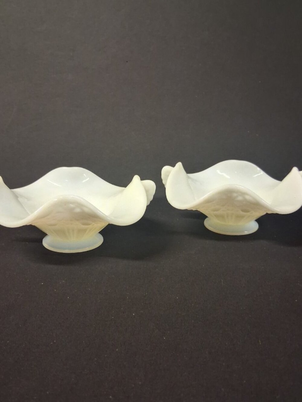 Vintage Fenton Milk Glass Daisy and Button Handled Ruffled Bon Bon Dishes - Pair